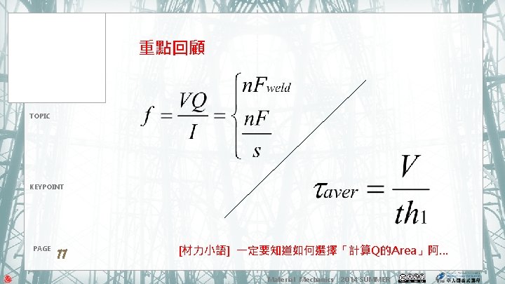 重點回顧 TOPIC KEYPOINT PAGE 11 [材力小語] 一定要知道如何選擇「計算Q的Area」阿… Material Mechanics 2014 SUMMER 