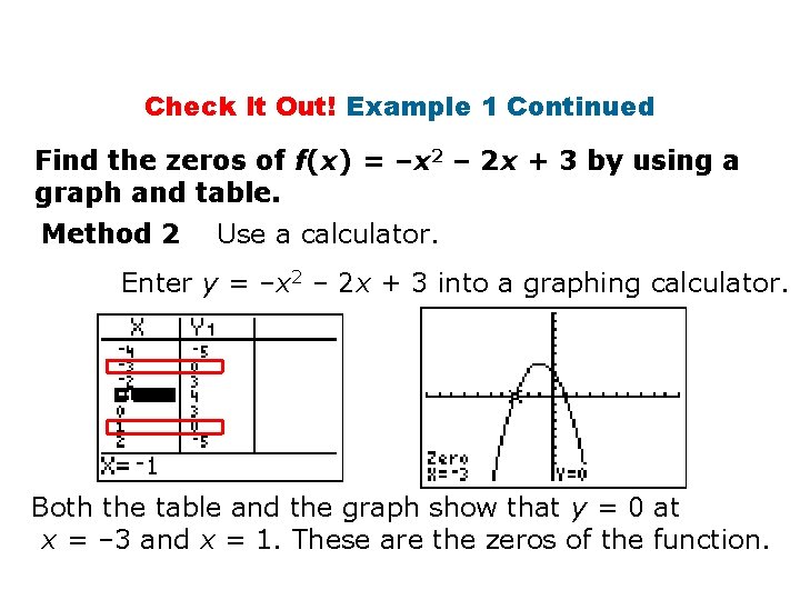 Check It Out! Example 1 Continued Find the zeros of f(x) = –x 2