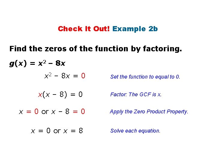 Check It Out! Example 2 b Find the zeros of the function by factoring.