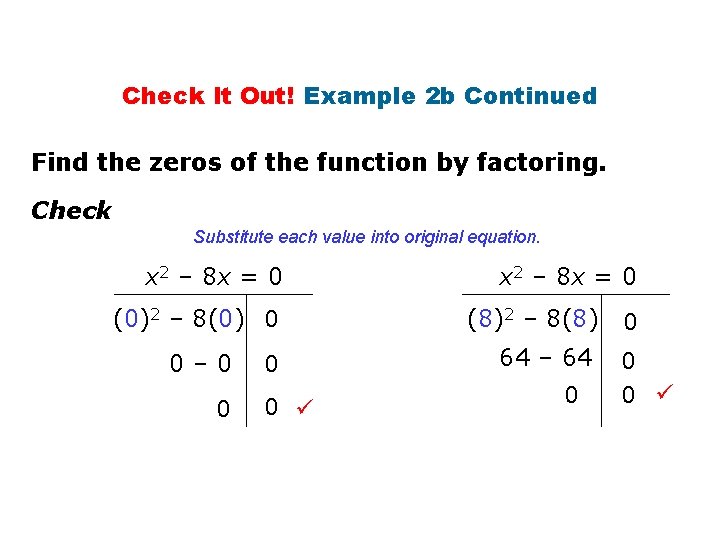 Check It Out! Example 2 b Continued Find the zeros of the function by