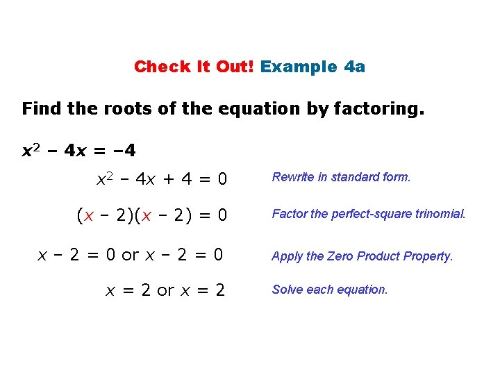 Check It Out! Example 4 a Find the roots of the equation by factoring.
