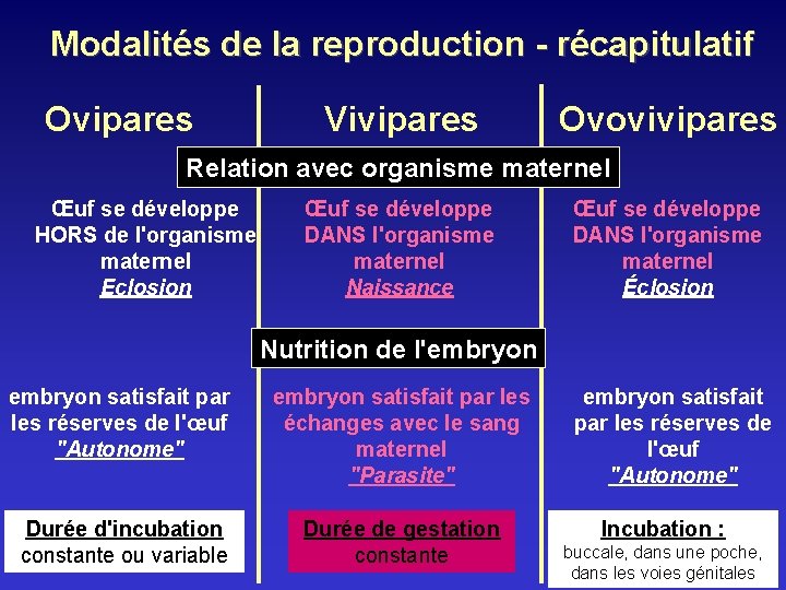 Modalités de la reproduction - récapitulatif Ovipares Vivipares Ovovivipares Relation avec organisme maternel Œuf Modalités de la reproduction - récapitulatif Ovipares Vivipares Ovovivipares Relation avec organisme maternel Œuf