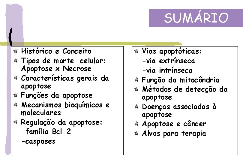 SUMÁRIO Histórico e Conceito Tipos de morte celular: Apoptose x Necrose Características gerais da