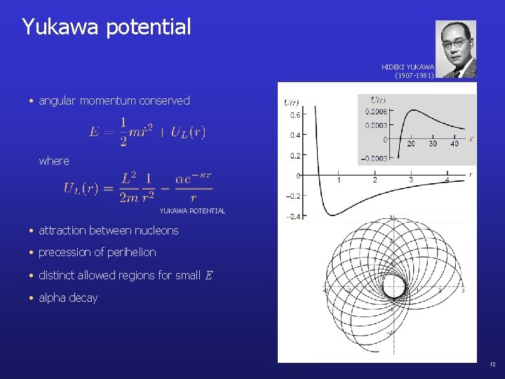 Yukawa potential HIDEKI YUKAWA (1907 -1981) • angular momentum conserved where YUKAWA POTENTIAL •