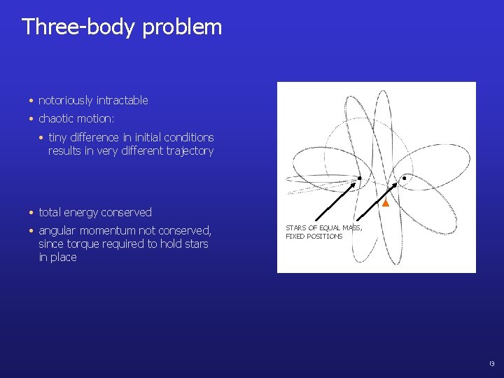 Three-body problem • notoriously intractable • chaotic motion: • tiny difference in initial conditions