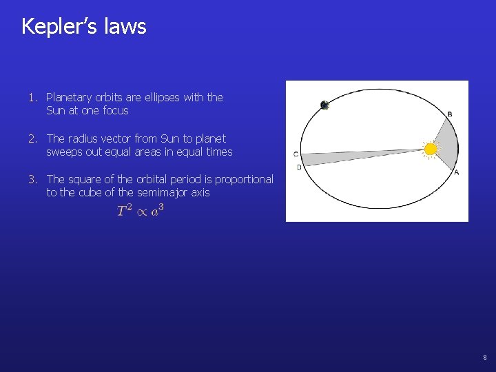 Kepler’s laws 1. Planetary orbits are ellipses with the Sun at one focus 2.