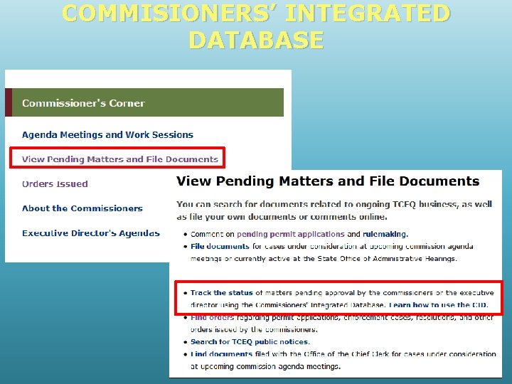 COMMISIONERS’ INTEGRATED DATABASE 