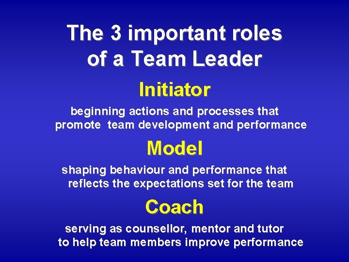 The 3 important roles of a Team Leader Initiator beginning actions and processes that