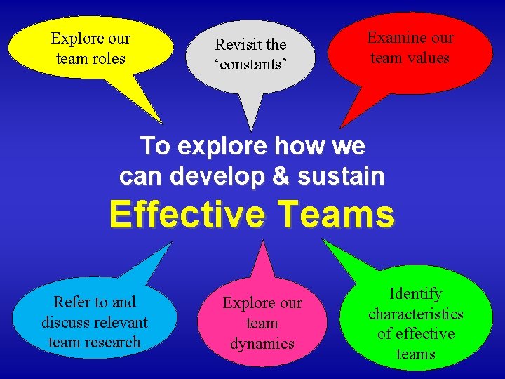 Explore our team roles Revisit the ‘constants’ Examine our team values To explore how