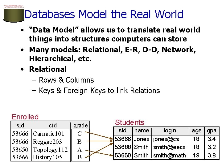 Databases Model the Real World • “Data Model” allows us to translate real world