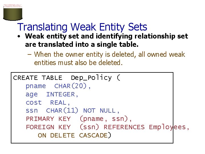Translating Weak Entity Sets • Weak entity set and identifying relationship set are translated