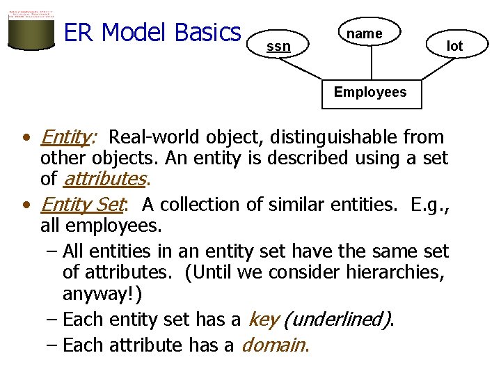 ER Model Basics ssn name lot Employees • Entity: Real-world object, distinguishable from other