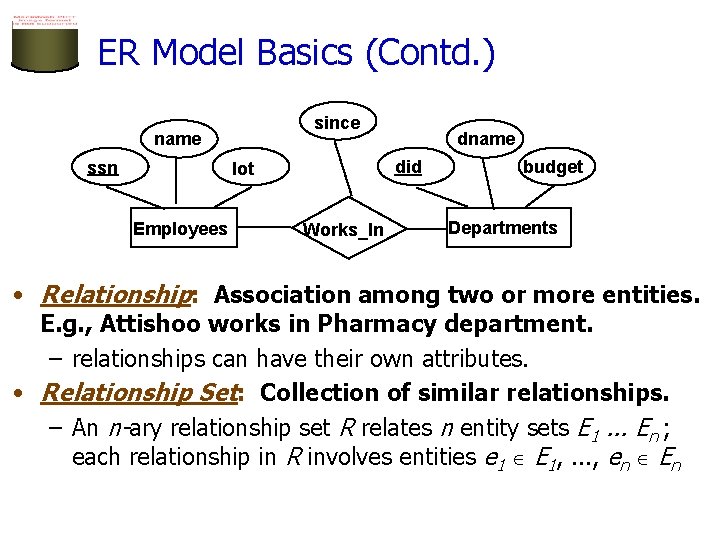ER Model Basics (Contd. ) since name ssn did lot Employees dname Works_In budget