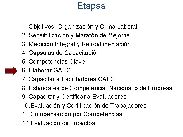 Etapas 1. Objetivos, Organización y Clima Laboral 2. Sensibilización y Maratón de Mejoras 3.