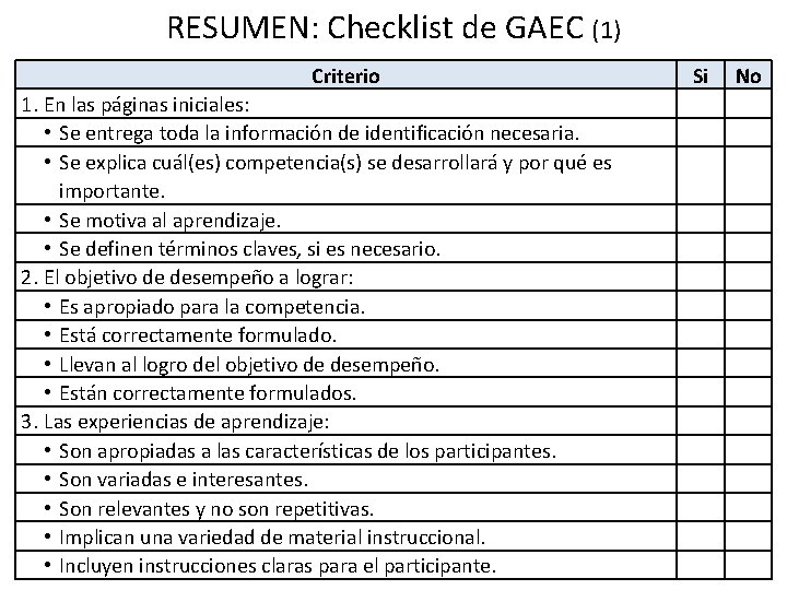RESUMEN: Checklist de GAEC (1) Criterio 1. En las páginas iniciales: • Se entrega