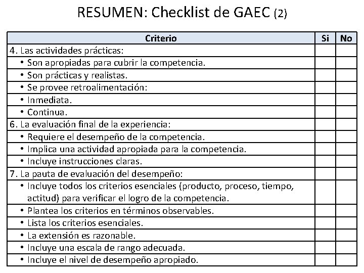 RESUMEN: Checklist de GAEC (2) Criterio 4. Las actividades prácticas: • Son apropiadas para