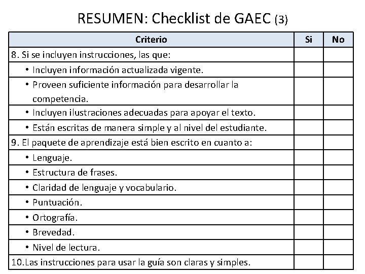 RESUMEN: Checklist de GAEC (3) Criterio 8. Si se incluyen instrucciones, las que: •