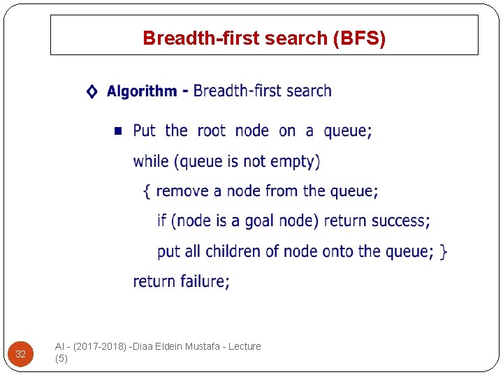 Breadth-first search (BFS) 32 AI - (2017 -2018) -Diaa Eldein Mustafa - Lecture (5)