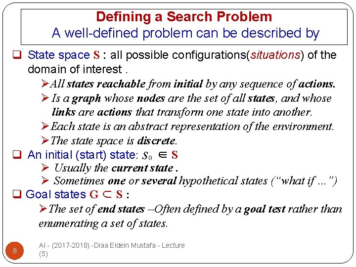 Defining a Search Problem A well-defined problem can be described by q State space