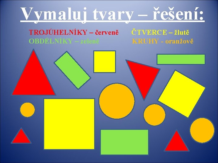 Vymaluj tvary – řešení: TROJÚHELNÍKY – červeně OBDÉLNÍKY – zeleně ČTVERCE – žlutě KRUHY