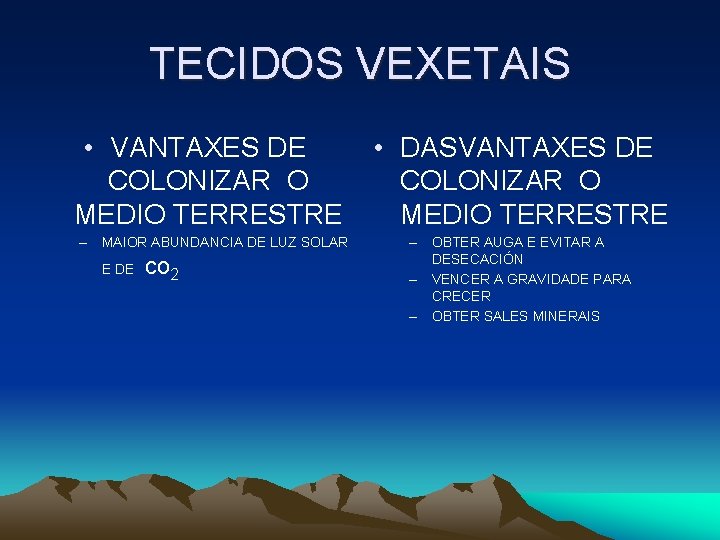 TECIDOS VEXETAIS • VANTAXES DE COLONIZAR O MEDIO TERRESTRE – MAIOR ABUNDANCIA DE LUZ TECIDOS VEXETAIS • VANTAXES DE COLONIZAR O MEDIO TERRESTRE – MAIOR ABUNDANCIA DE LUZ