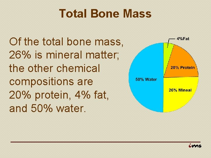 Total Bone Mass Of the total bone mass, 26% is mineral matter; the other