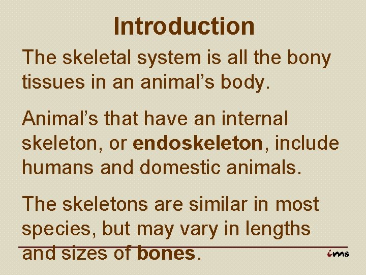 Introduction The skeletal system is all the bony tissues in an animal’s body. Animal’s