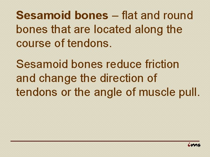 Sesamoid bones – flat and round bones that are located along the course of