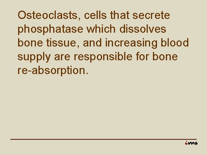 Osteoclasts, cells that secrete phosphatase which dissolves bone tissue, and increasing blood supply are