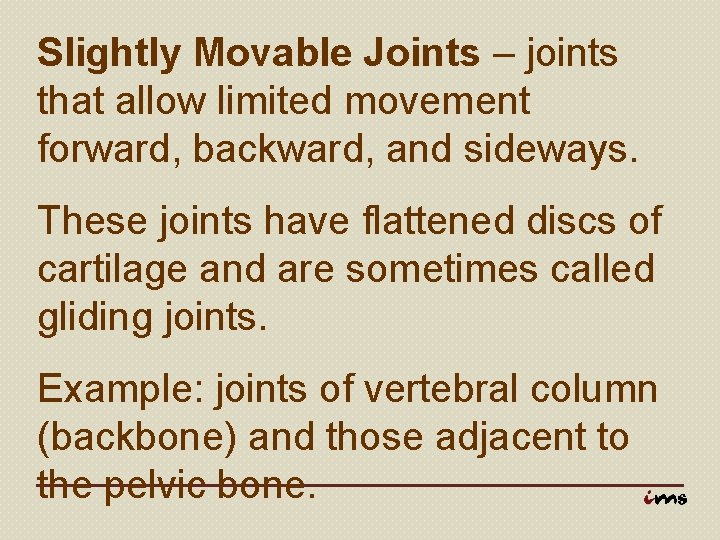 Slightly Movable Joints – joints that allow limited movement forward, backward, and sideways. These
