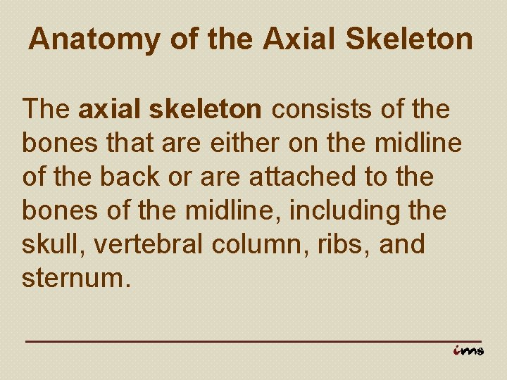 Anatomy of the Axial Skeleton The axial skeleton consists of the bones that are