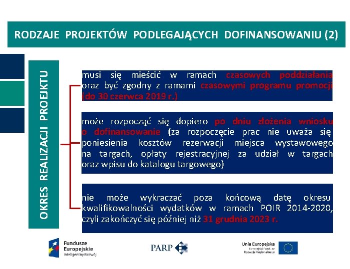 OKRES REALIZACJI PROEJKTU RODZAJE PROJEKTÓW PODLEGAJĄCYCH DOFINANSOWANIU (2) musi się mieścić w ramach czasowych