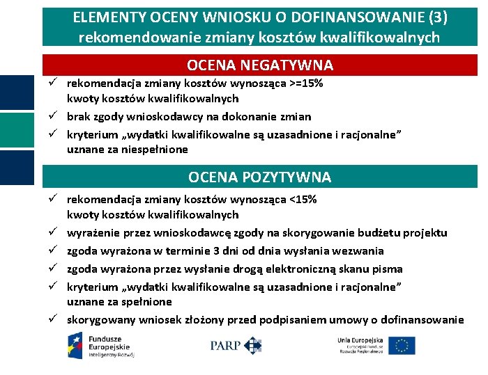 ELEMENTY OCENY WNIOSKU O DOFINANSOWANIE (3) rekomendowanie zmiany kosztów kwalifikowalnych OCENA NEGATYWNA ü rekomendacja