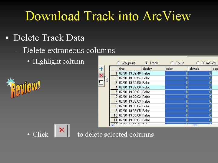 Download Track into Arc. View • Delete Track Data – Delete extraneous columns •