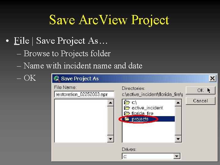 Save Arc. View Project • File | Save Project As… – Browse to Projects