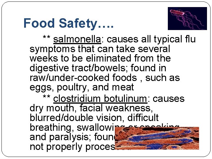 Food Safety…. ** salmonella: causes all typical flu symptoms that can take several weeks