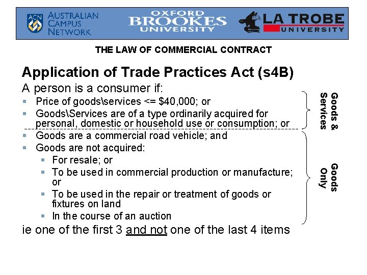 THE LAW OF COMMERCIAL CONTRACT Application of Trade Practices Act (s 4 B) ie