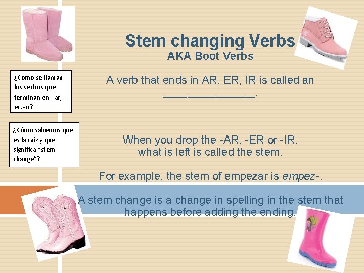 Stem changing Verbs AKA Boot Verbs ¿Cómo se llaman los verbos que terminan en