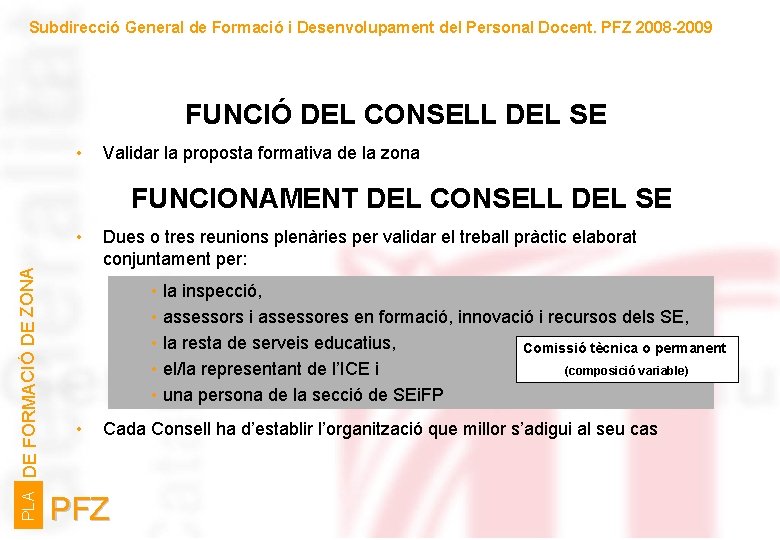 Subdirecció General de Formació i Desenvolupament del Personal Docent. PFZ 2008 -2009 FUNCIÓ DEL