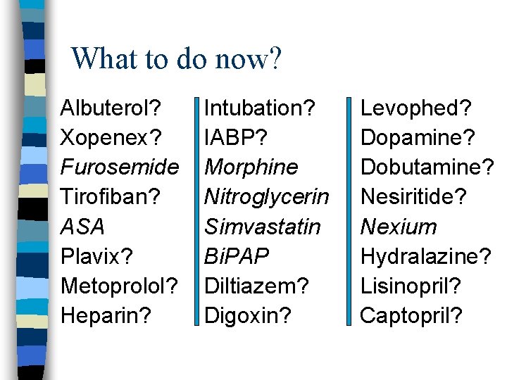 What to do now? Albuterol? Xopenex? Furosemide Tirofiban? ASA Plavix? Metoprolol? Heparin? Intubation? IABP?