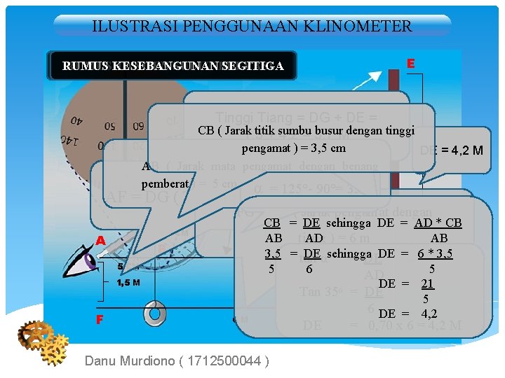 ILUSTRASI PENGGUNAAN KLINOMETER RUMUSKESEBANGUNAN TANGEN SUDUT ELEVASI SEGITIGA E Tinggi Tiang = DG +