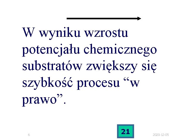 W wyniku wzrostu potencjału chemicznego substratów zwiększy się szybkość procesu “w prawo”. 6 21 W wyniku wzrostu potencjału chemicznego substratów zwiększy się szybkość procesu “w prawo”. 6 21