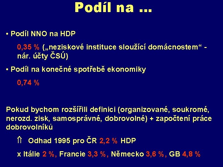Podíl na … • Podíl NNO na HDP 0, 35 % („neziskové instituce sloužící