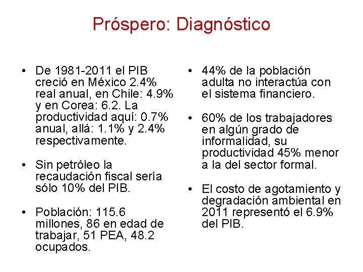 Próspero: Diagnóstico • De 1981 -2011 el PIB creció en México 2. 4% real