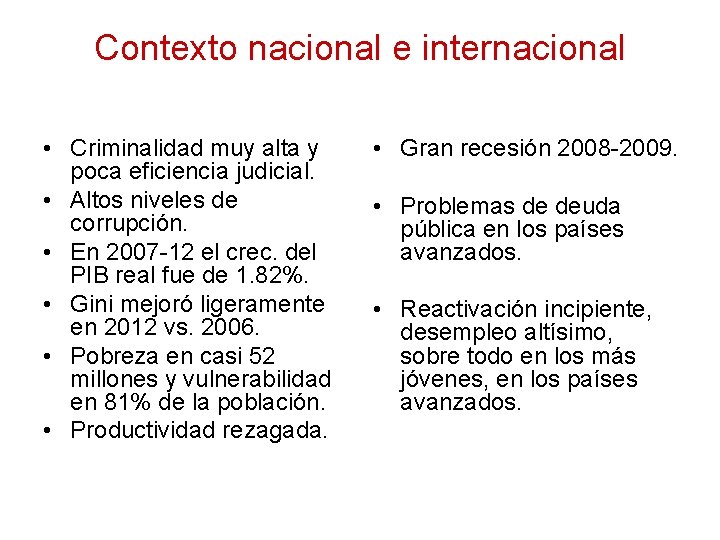 Contexto nacional e internacional • Criminalidad muy alta y poca eficiencia judicial. • Altos