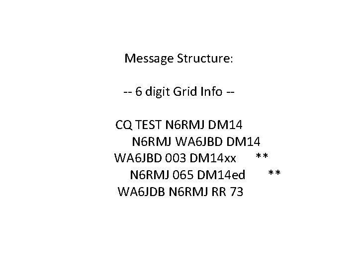 Message Structure: -- 6 digit Grid Info -CQ TEST N 6 RMJ DM 14 Message Structure: -- 6 digit Grid Info -CQ TEST N 6 RMJ DM 14