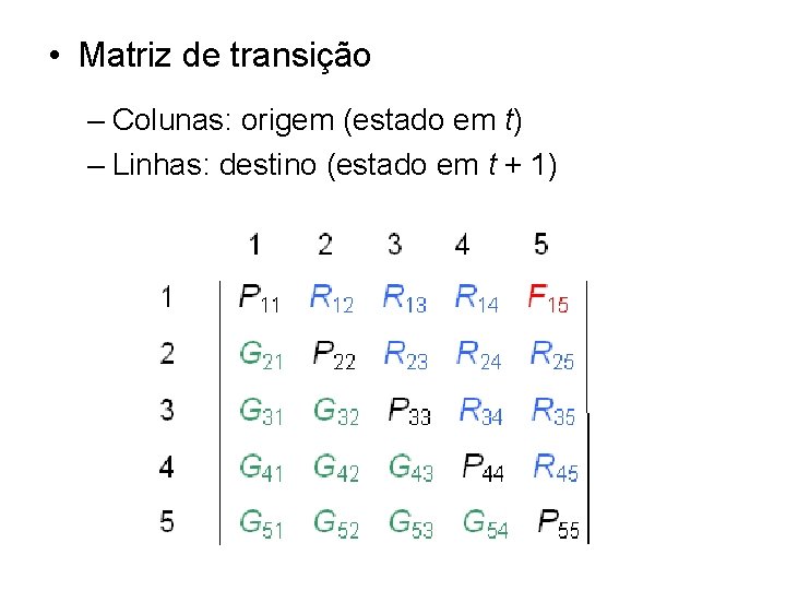  • Matriz de transição – Colunas: origem (estado em t) – Linhas: destino