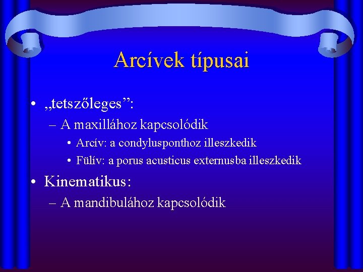 Arcívek típusai • „tetszőleges”: – A maxillához kapcsolódik • Arcív: a condylusponthoz illeszkedik •