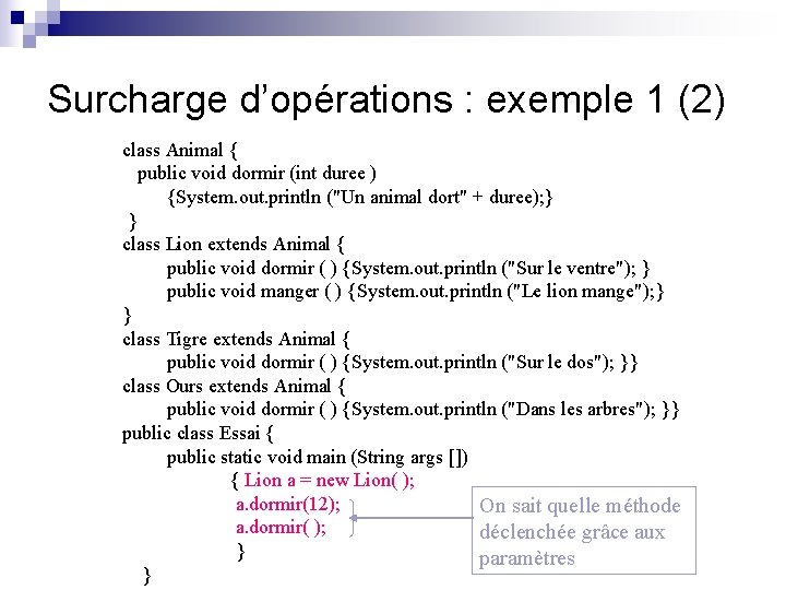 Surcharge d’opérations : exemple 1 (2) class Animal { public void dormir (int duree