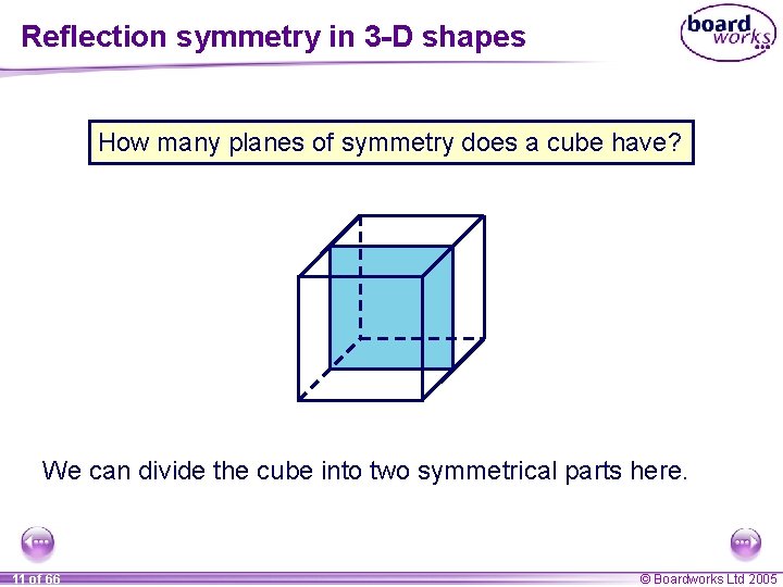 Reflection symmetry in 3 -D shapes How many planes of symmetry does a cube